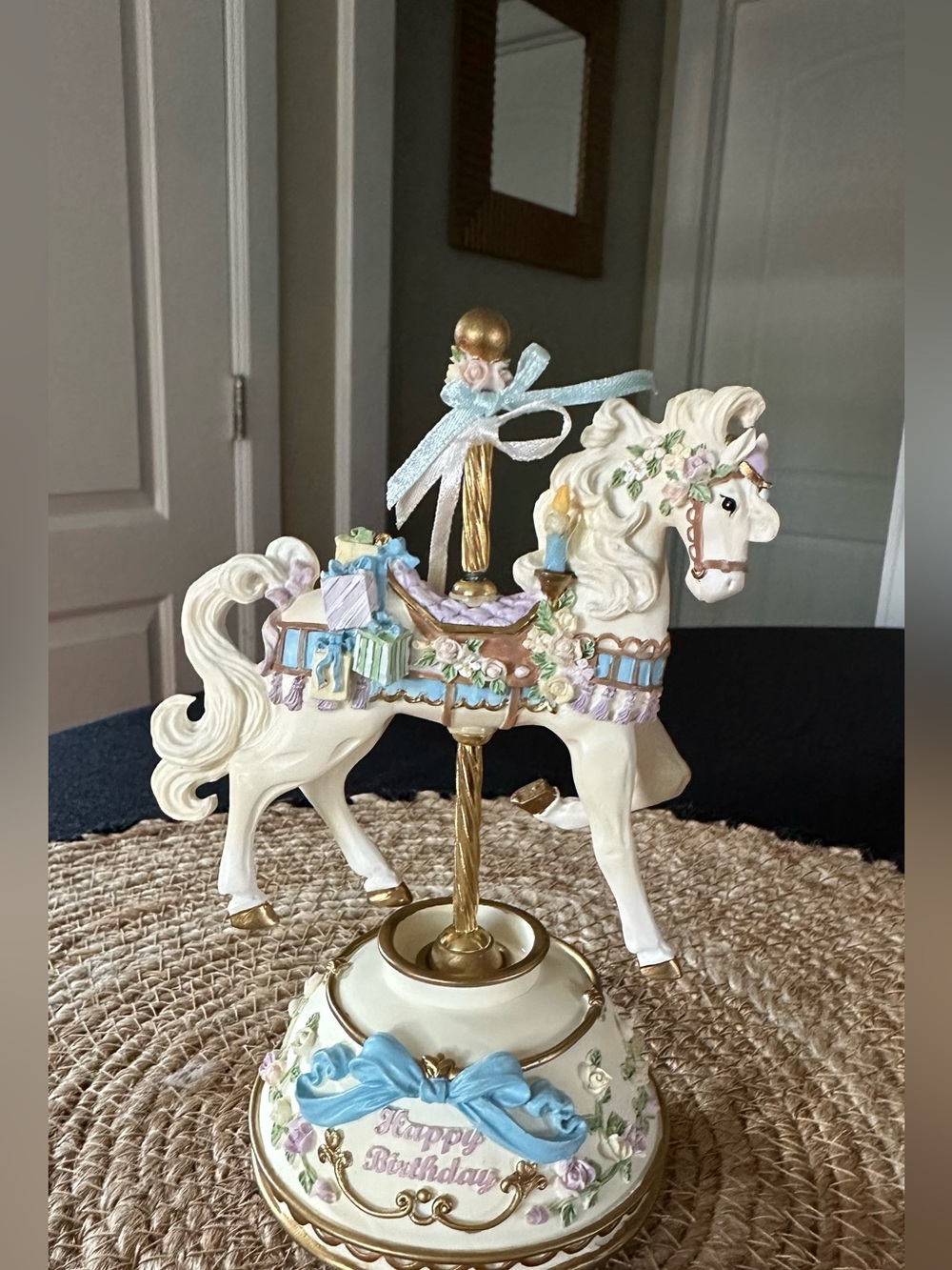 White Decorative Carousel Horse Music Box - Happy Birthday